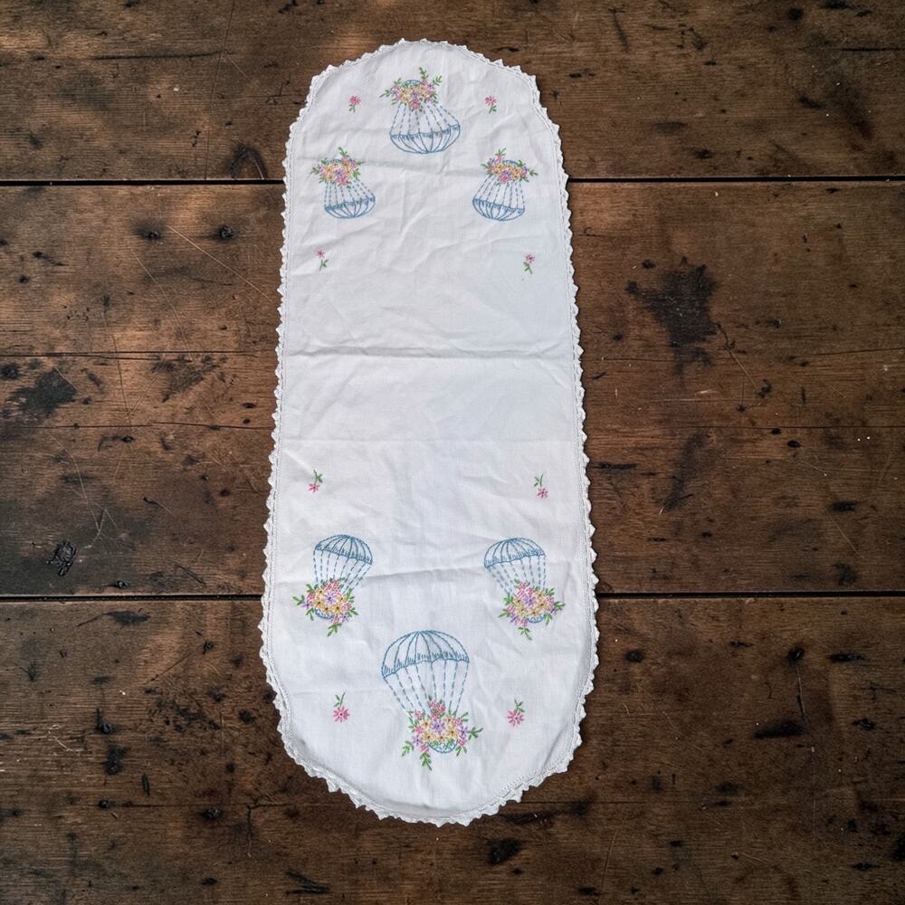VTG Long Oval Shaped Doily Embroidered Floral White Lace 36" x 13.5" READ